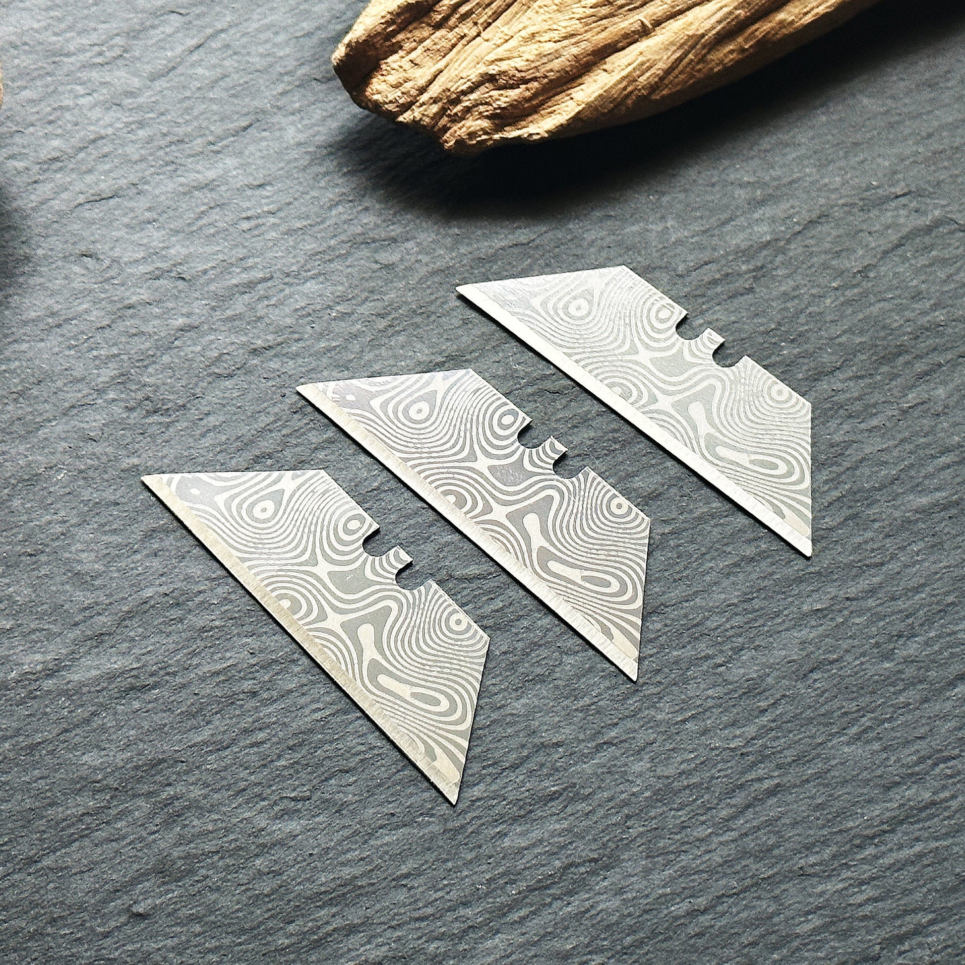 Stinger Damascus-Style Laser Engraved Utility Blades — silver 3-pack set
